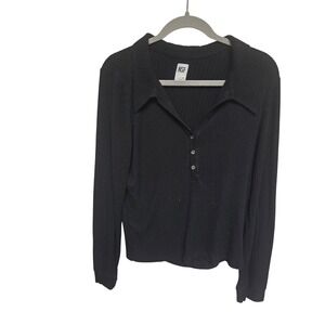 NSF Womens Black Long Sleeve Ribbed Knit Button Down Polo‎ Shirt Top XL